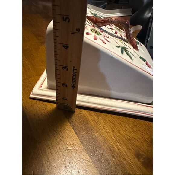 Vintage Glazed Pottery Lidded Cheese Server Cream Floral Pattern Large Keeper - Picture 14 of 15